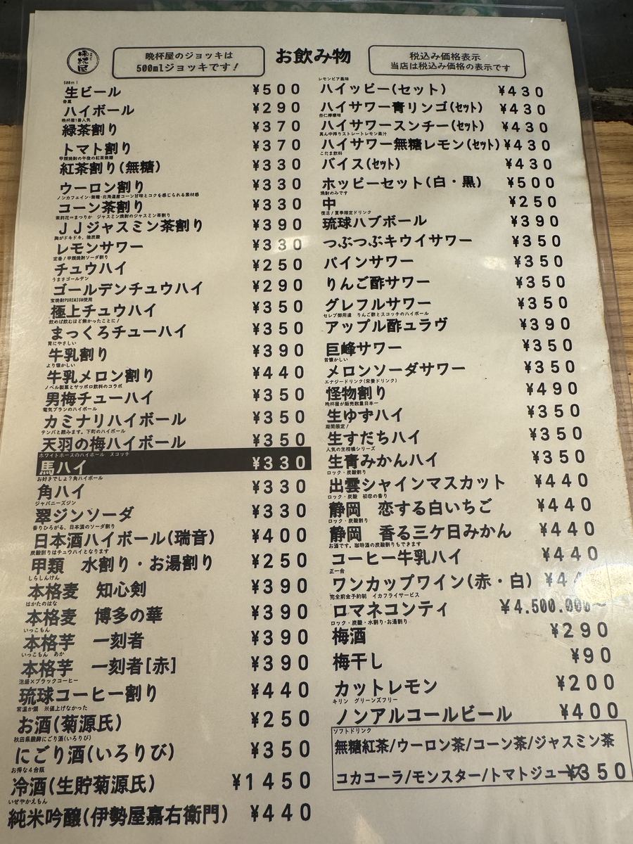晩杯屋の飲み物メニュー。ハイボールやチューハイ、日本酒などがずらりと並ぶ
